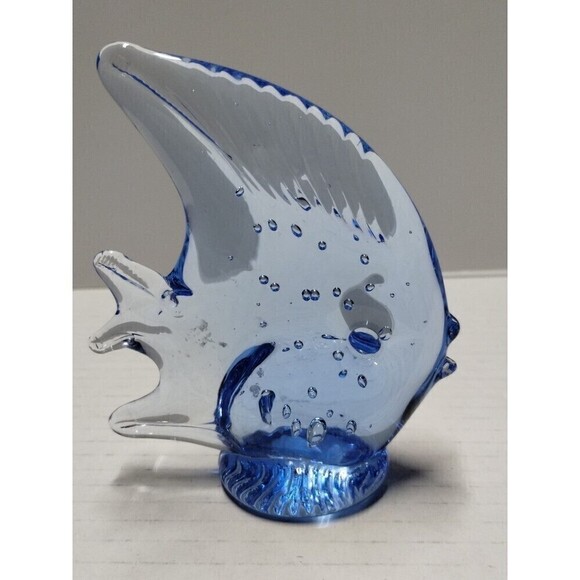 Blown Glass Blue Angel Fish Figurine paper weight. Controlled Bubble 4" tall - Picture 2 of 6